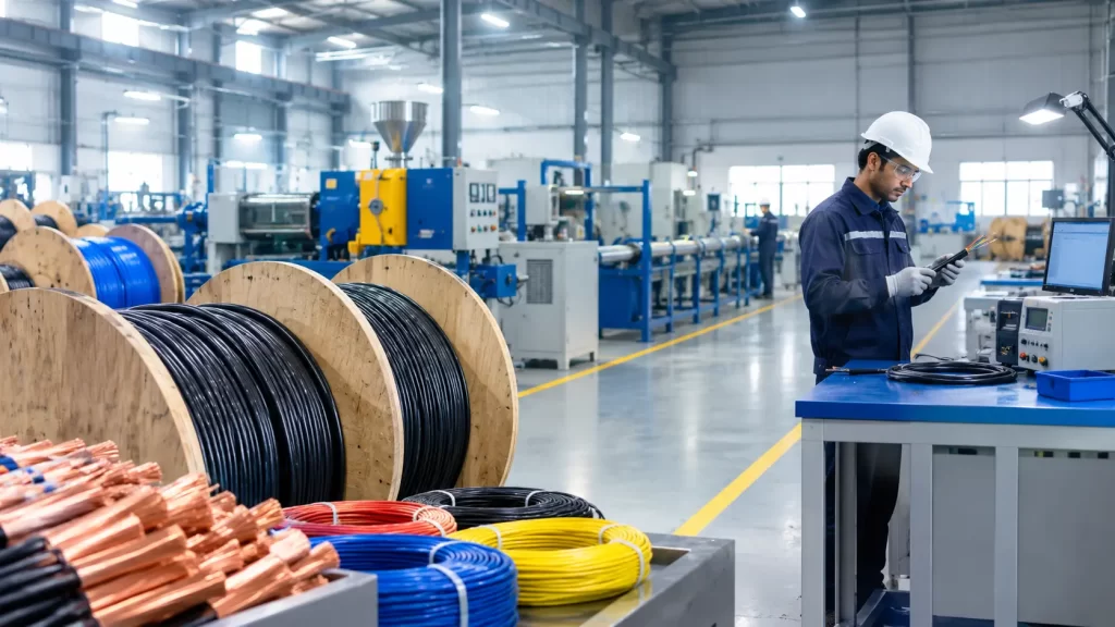 Electrical wires and industrial cables at a wire and cable manufacturing facility in India