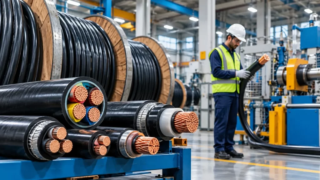 Heavy-duty industrial power cables on reels inside a cable manufacturing facility