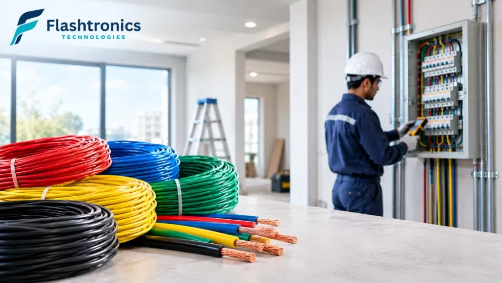 Different types of insulated electrical wires for residential wiring with an electrician inspecting a distribution panel.